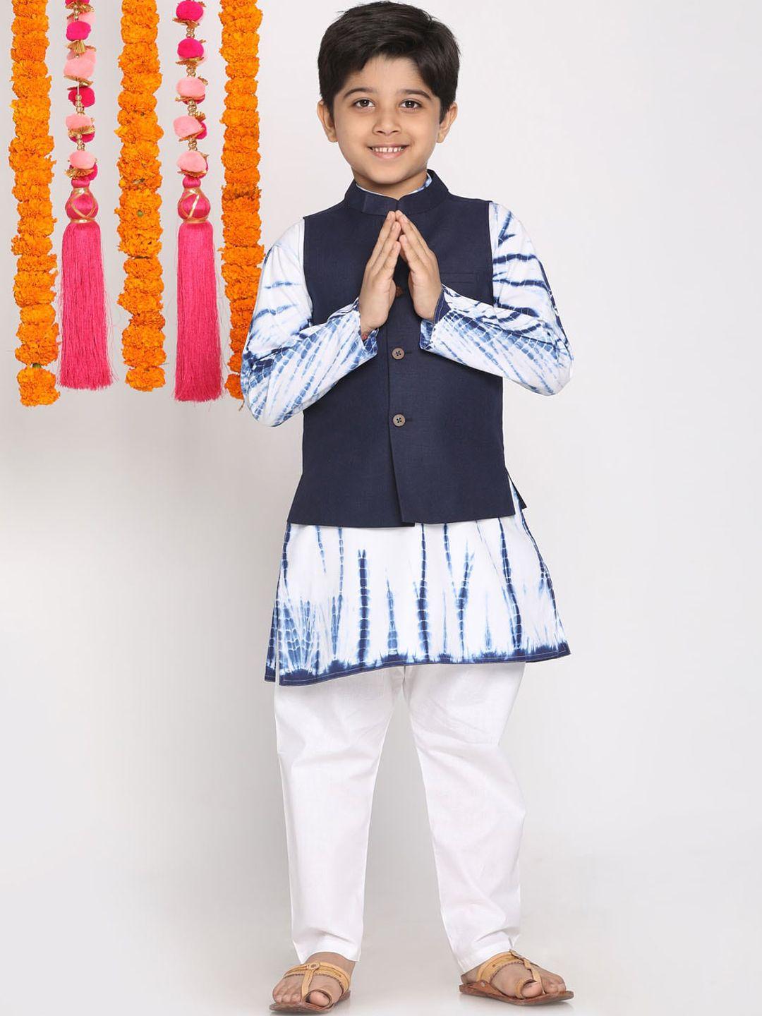 vastramay boys navy blue dyed regular pure cotton kurta with pyjamas & nehru jacket