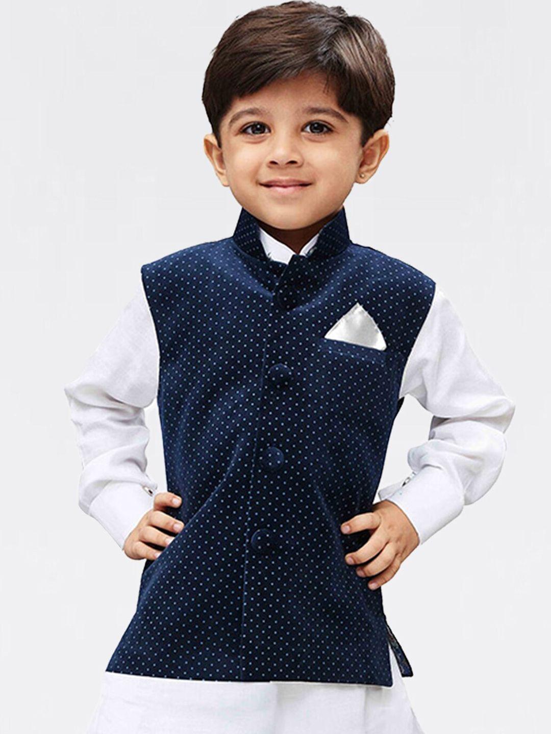 vastramay boys navy blue polka dots print velvet nehru jacket