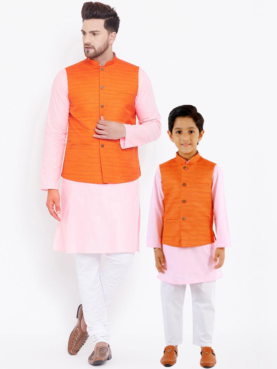 vastramay boys pink & orange solid kurta with churidar & nehru jacket