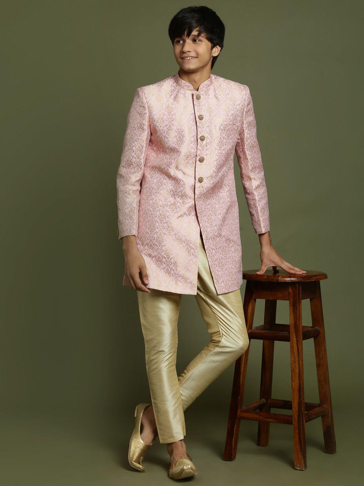 vastramay boys pink and gold sherwani and pyjama (set of 2)