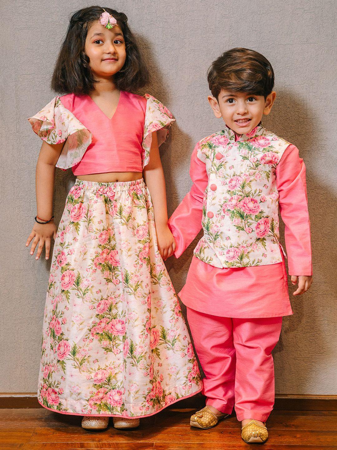 vastramay boys pink floral regular kurta with trousers