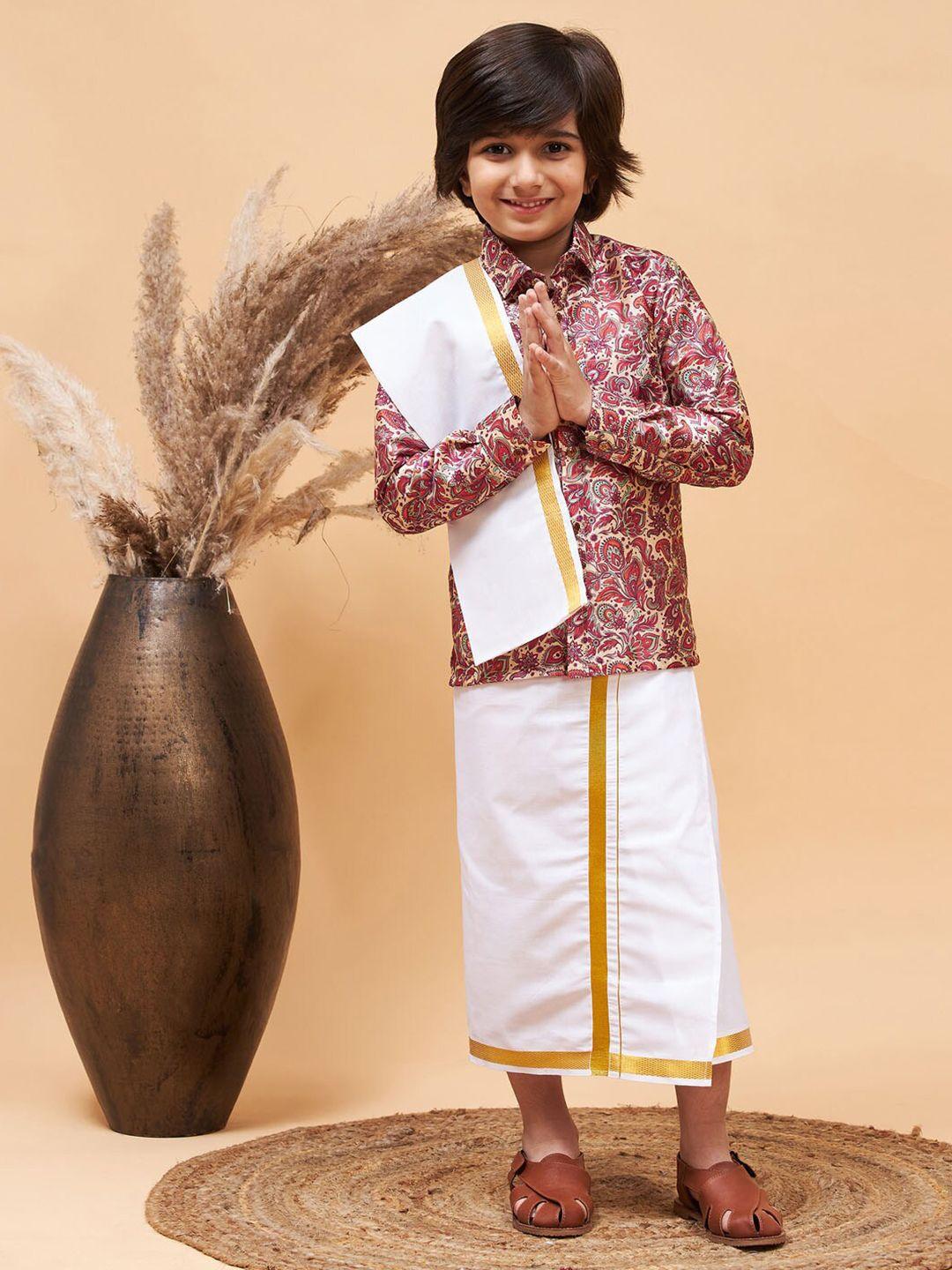 vastramay boys printed shirt with veshti & dupatta