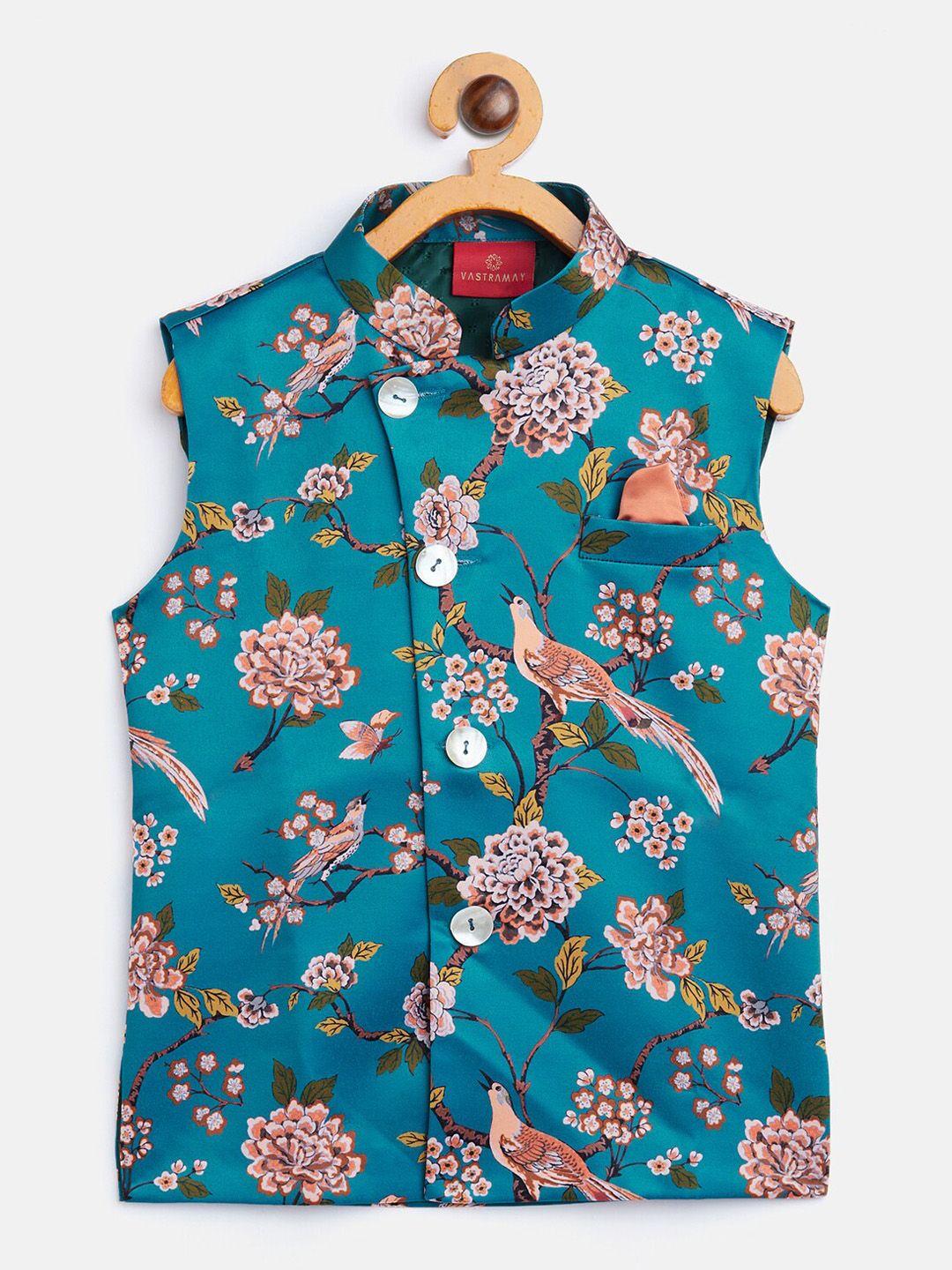 vastramay boys turquoise blue & green printed nehru jacket