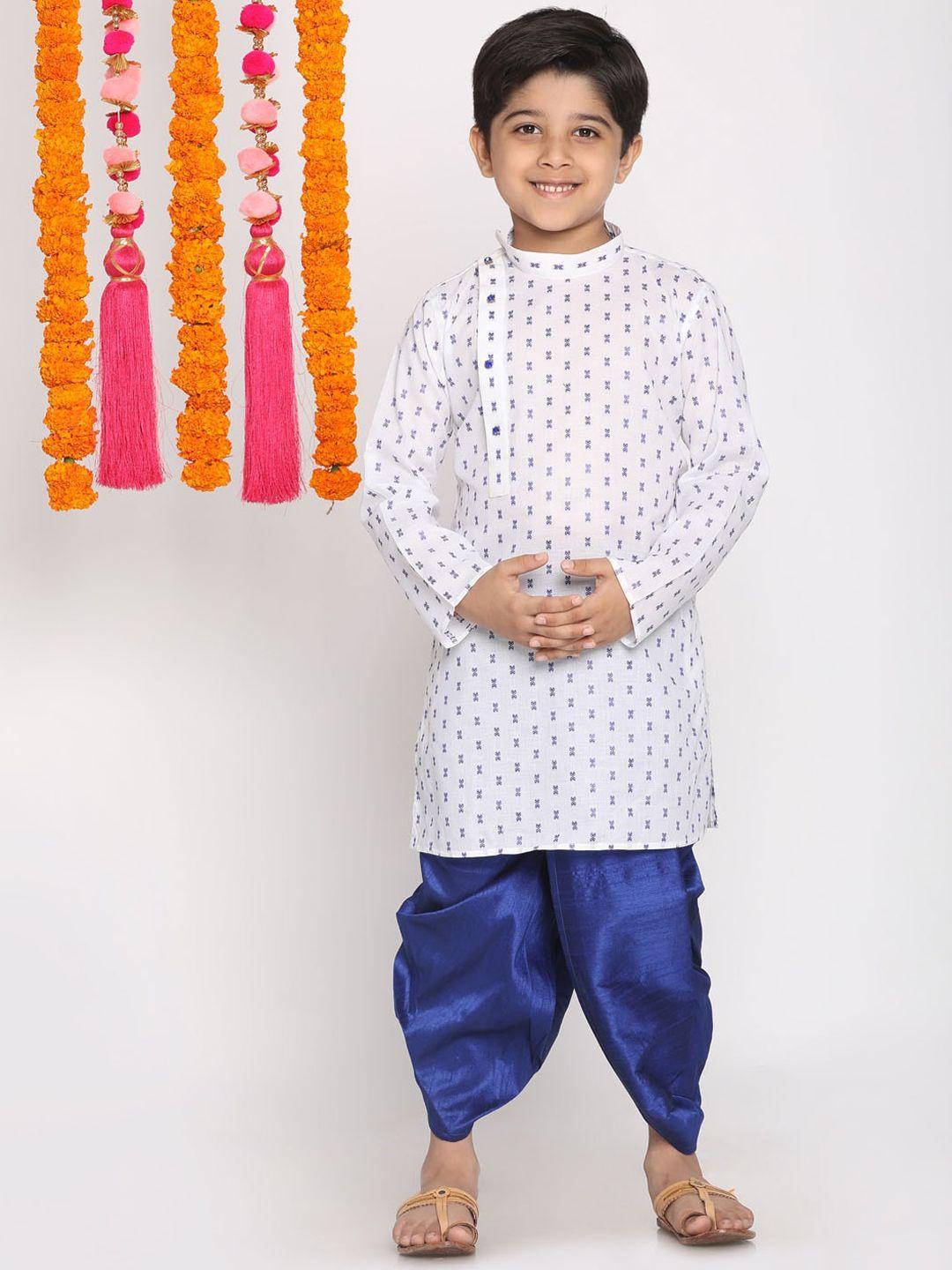 vastramay boys white & blue printed regular pure cotton kurta with dhoti pants