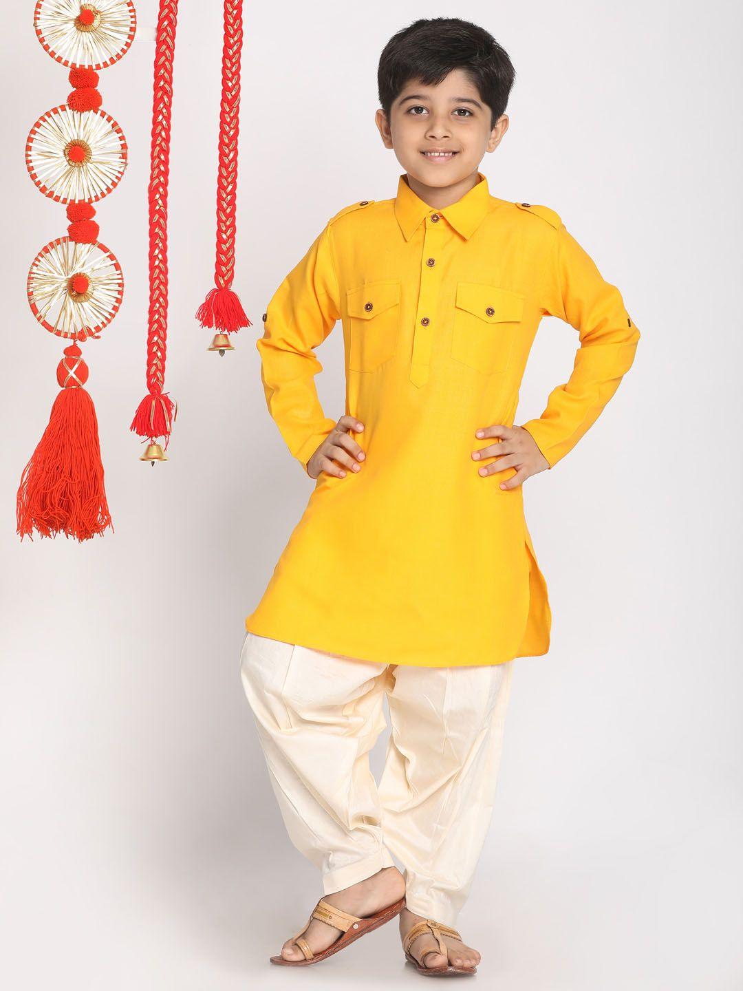 vastramay boys yellow & cream solid cotton blend pathani kurta with dhoti pants