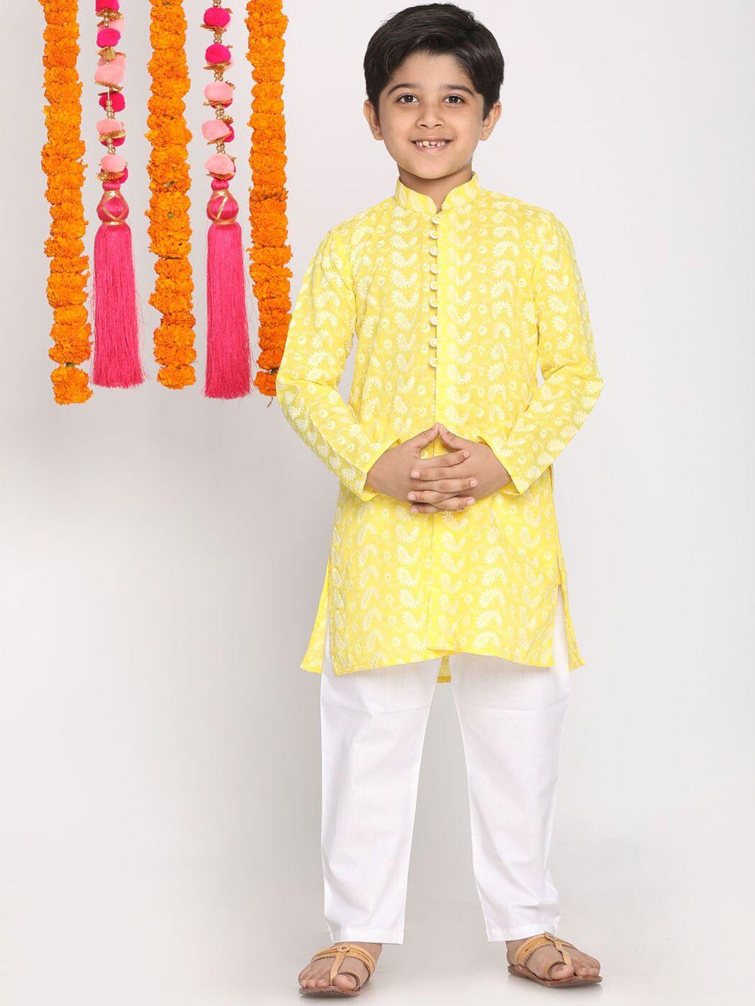 vastramay boys yellow paisley embroidered pure cotton kurta with pyjamas