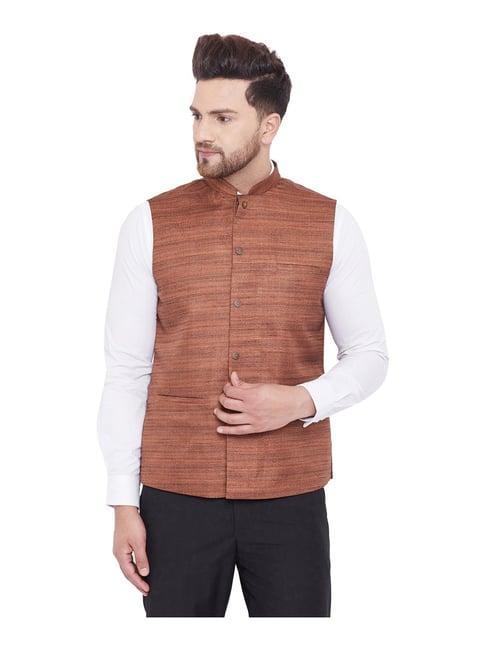 vastramay brown regular fit self pattern nehru jacket