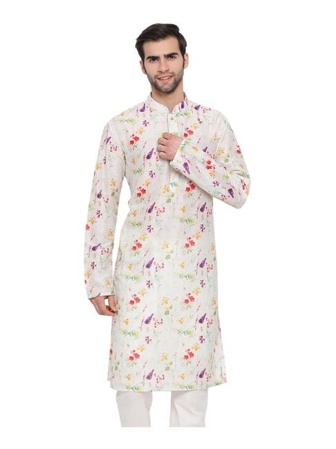 vastramay cream cotton straight fit floral print kurta