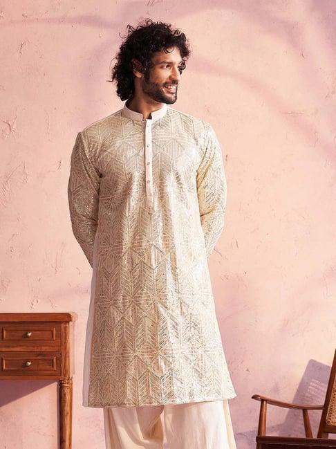 vastramay cream regular fit embellished kurta