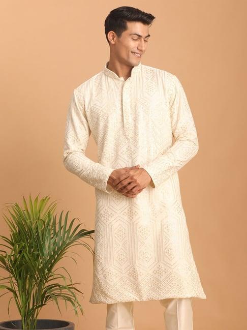 vastramay cream regular fit embroidered kurta