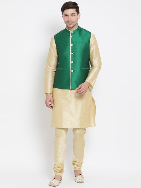 vastramay gold & green straight fit kurta set & jacket