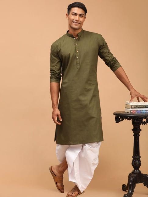 vastramay green & white regular fit mandarin collar kurta & dhoti pants set