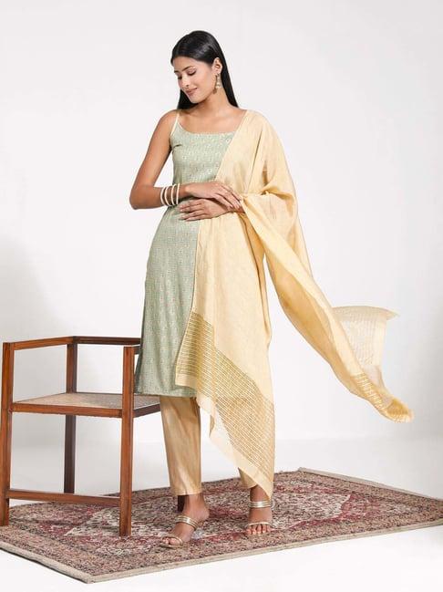 vastramay green & yellow printed kurta pant set with dupatta