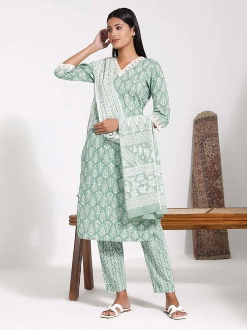 vastramay green printed kurta pant set with dupatta