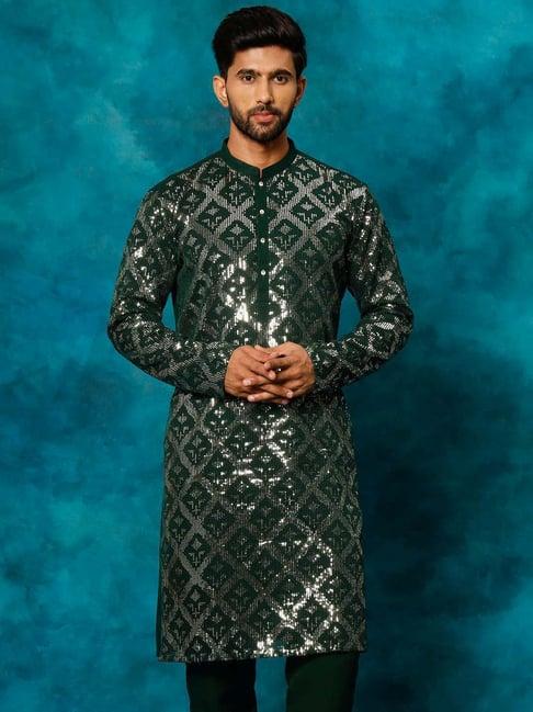 vastramay green regular fit embroidered kurta