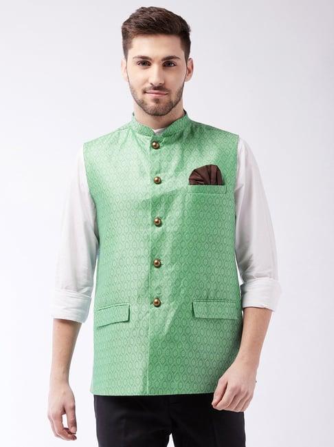 vastramay green regular fit embroidered nehru jacket