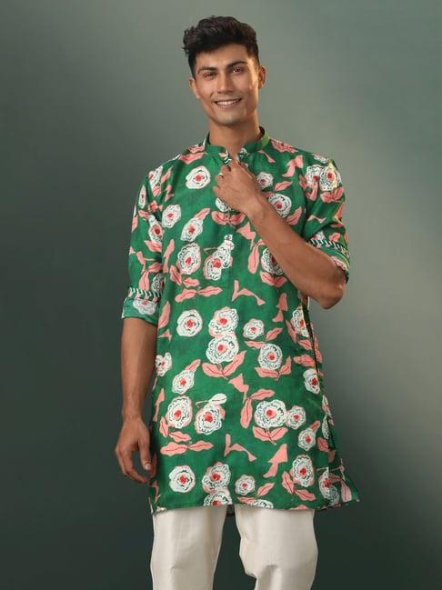 vastramay green regular fit floral print short kurta