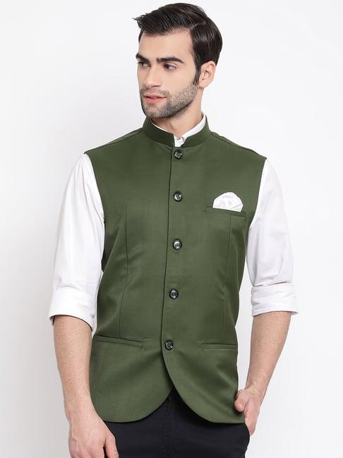 vastramay green straight fit nehru jacket