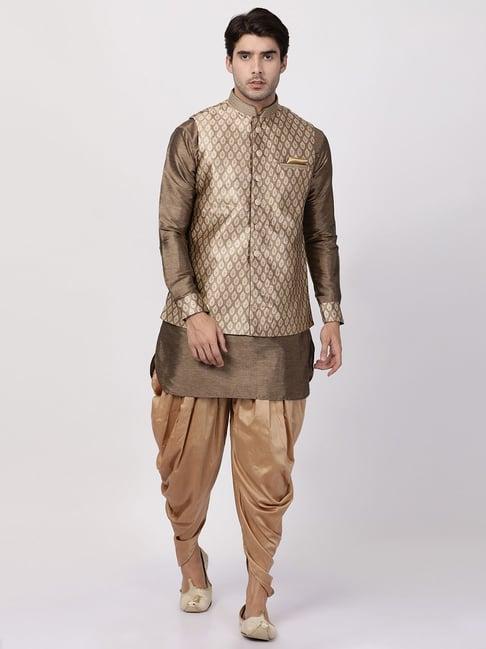 vastramay grey & gold straight fit printed kurta set with jacket