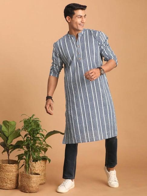 vastramay indigo blue cotton regular fit striped kurta