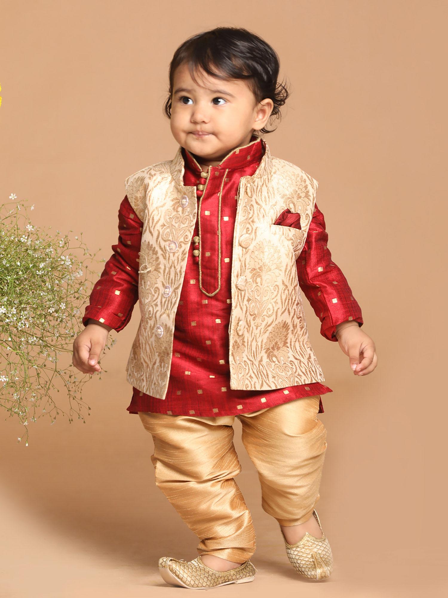 vastramay infant boys maroon & gold silk blend jacket, kurta & pyjama (set of 3)