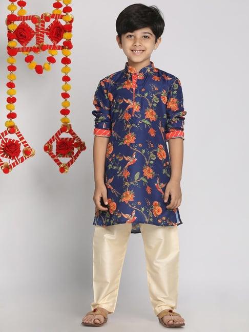 vastramay kids blue & cream cotton floral print kurta set