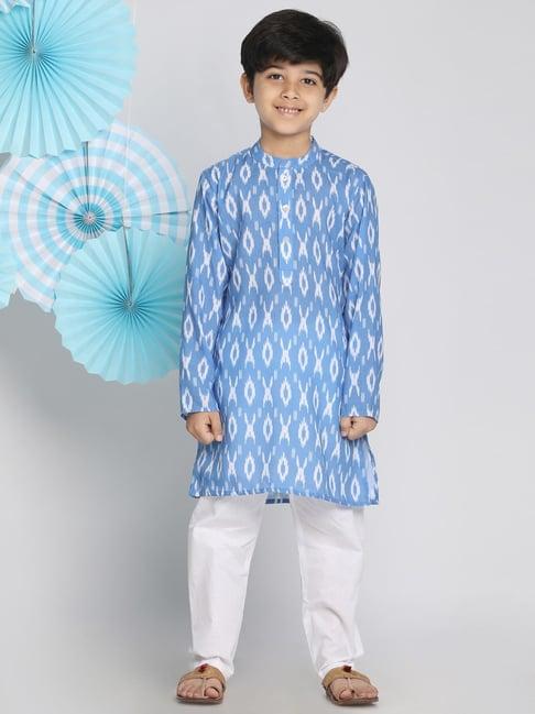 vastramay kids blue & white cotton printed kurta set
