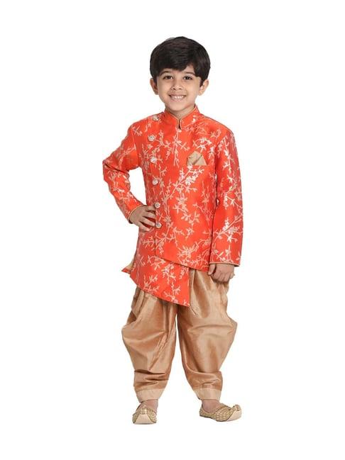 vastramay kids bright orange & rose gold embellished sherwani set