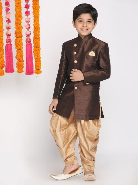 vastramay kids coffee brown & gold cotton sherwani set