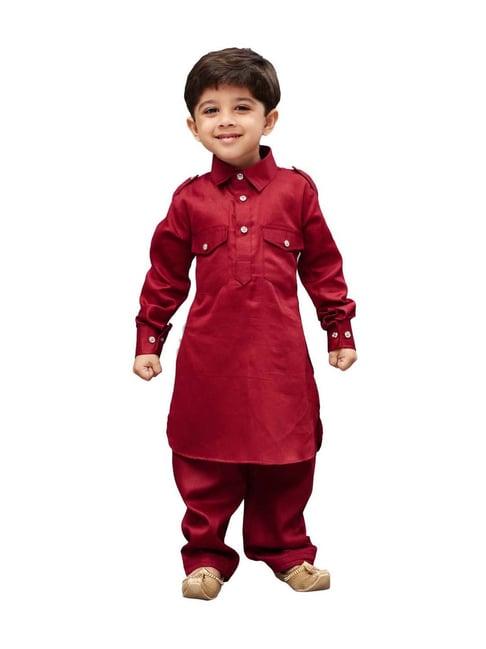 vastramay kids maroon cotton pathani kurta set