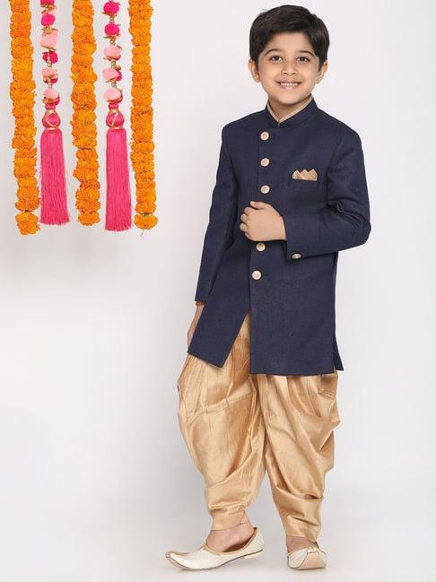 vastramay kids navy & gold cotton sherwani set