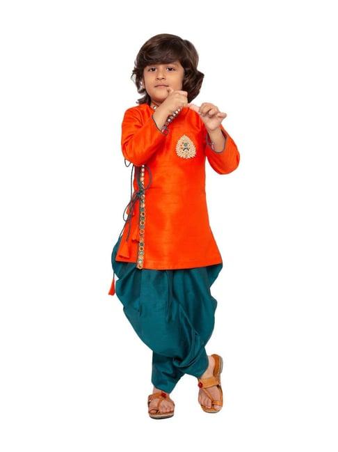 vastramay kids orange & bottle green embroidered kurta set