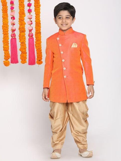 vastramay kids orange & rose gold cotton sherwani set