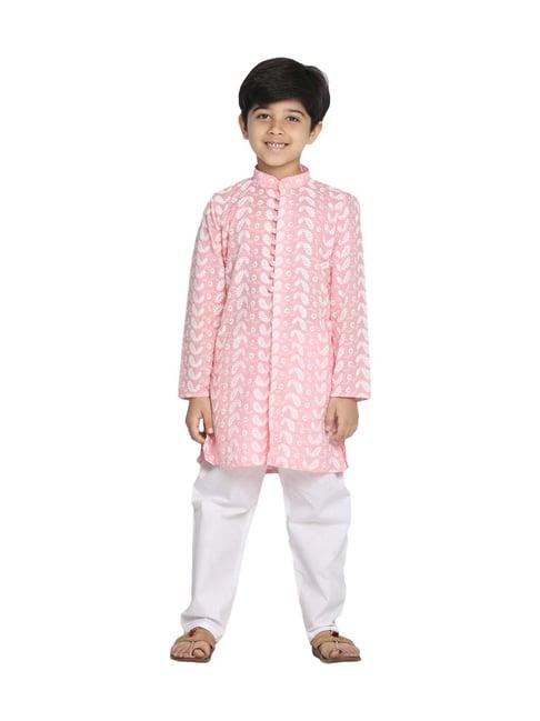 vastramay kids pink & white cotton embroidered kurta set