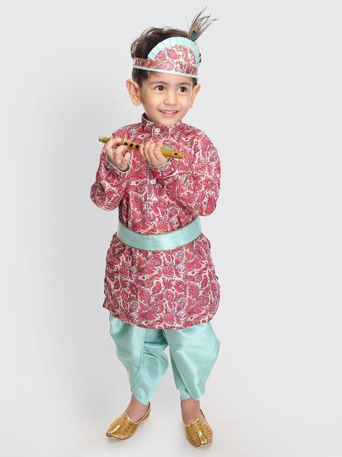 vastramay kids red & blue cotton floral print kurta set