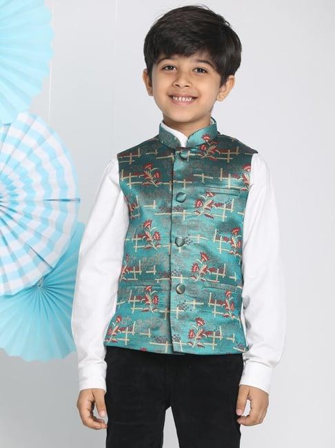 vastramay kids teal blue & red floral print nehru jacket