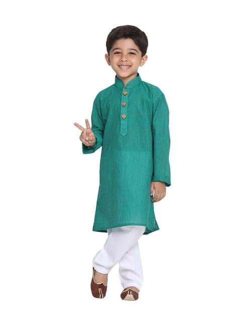 vastramay kids teal green & white cotton self pattern kurta set
