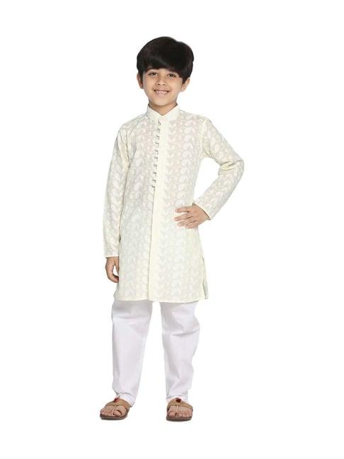 vastramay kids yellow & white cotton embroidered kurta set