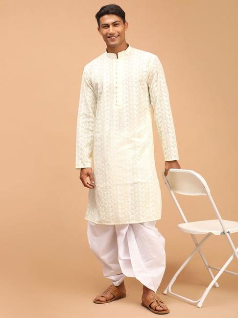 vastramay lime yellow & white regular fit self design kurta & dhoti pants set