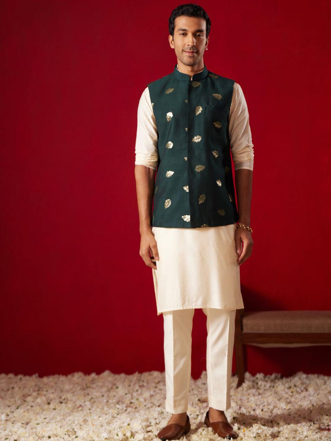 vastramay mandarin collar kurta with trousers and embellished nehru jacket