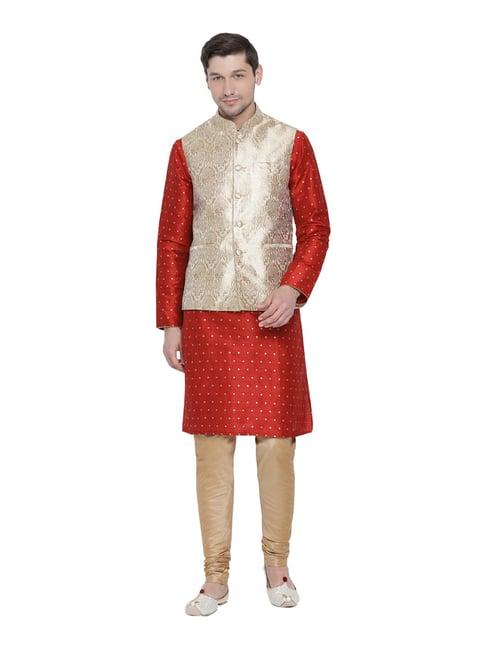 vastramay maroon & beige straight fit self pattern kurta churidar with jacket