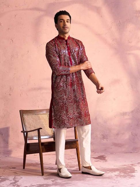 vastramay maroon & white regular fit embellished kurta bottom set