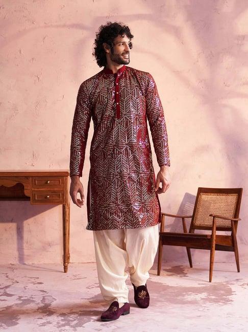 vastramay maroon & white regular fit embellished kurta bottom set