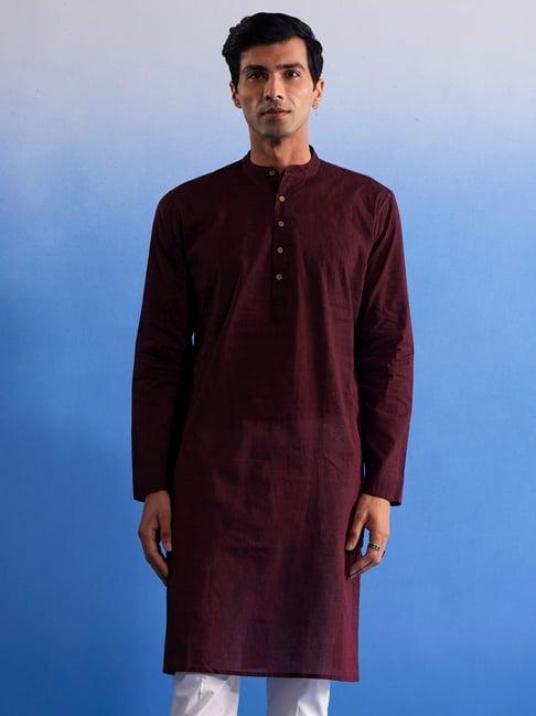 vastramay maroon cotton regular fit striped kurta