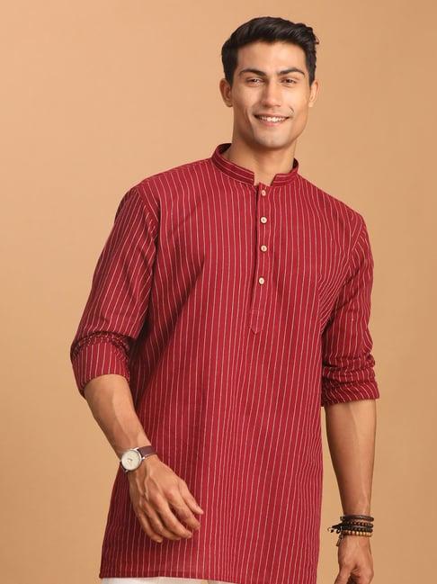 vastramay maroon cotton regular fit striped short kurta