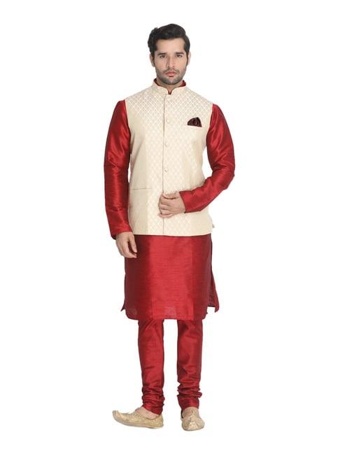 vastramay maroon straight fit kurta churidar with jacket