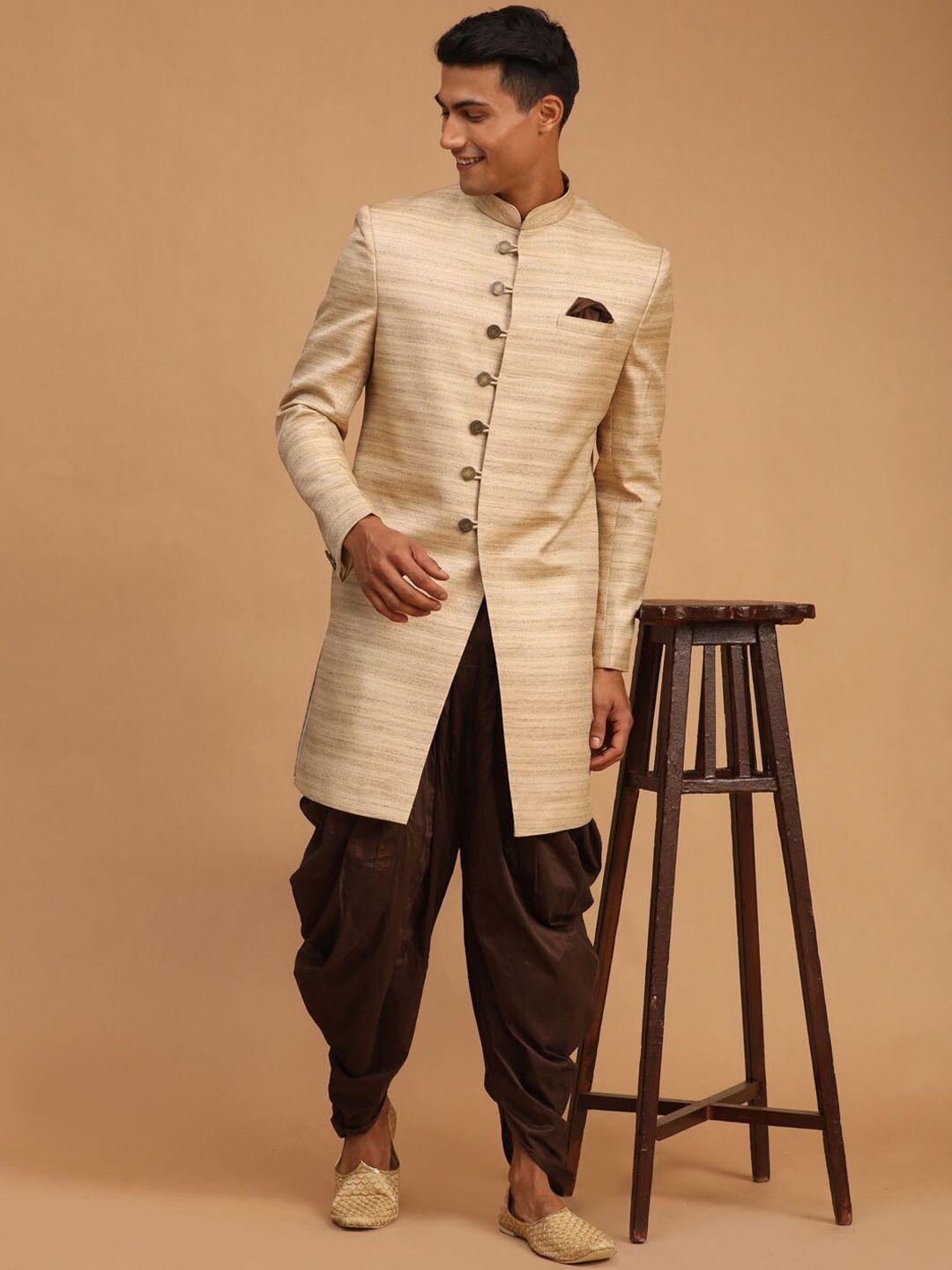vastramay men beige & brown striped slim fit sherwani set