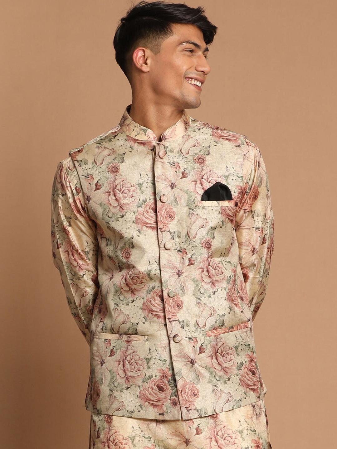 vastramay men beige & pink floral printed slim fit nehru jacket