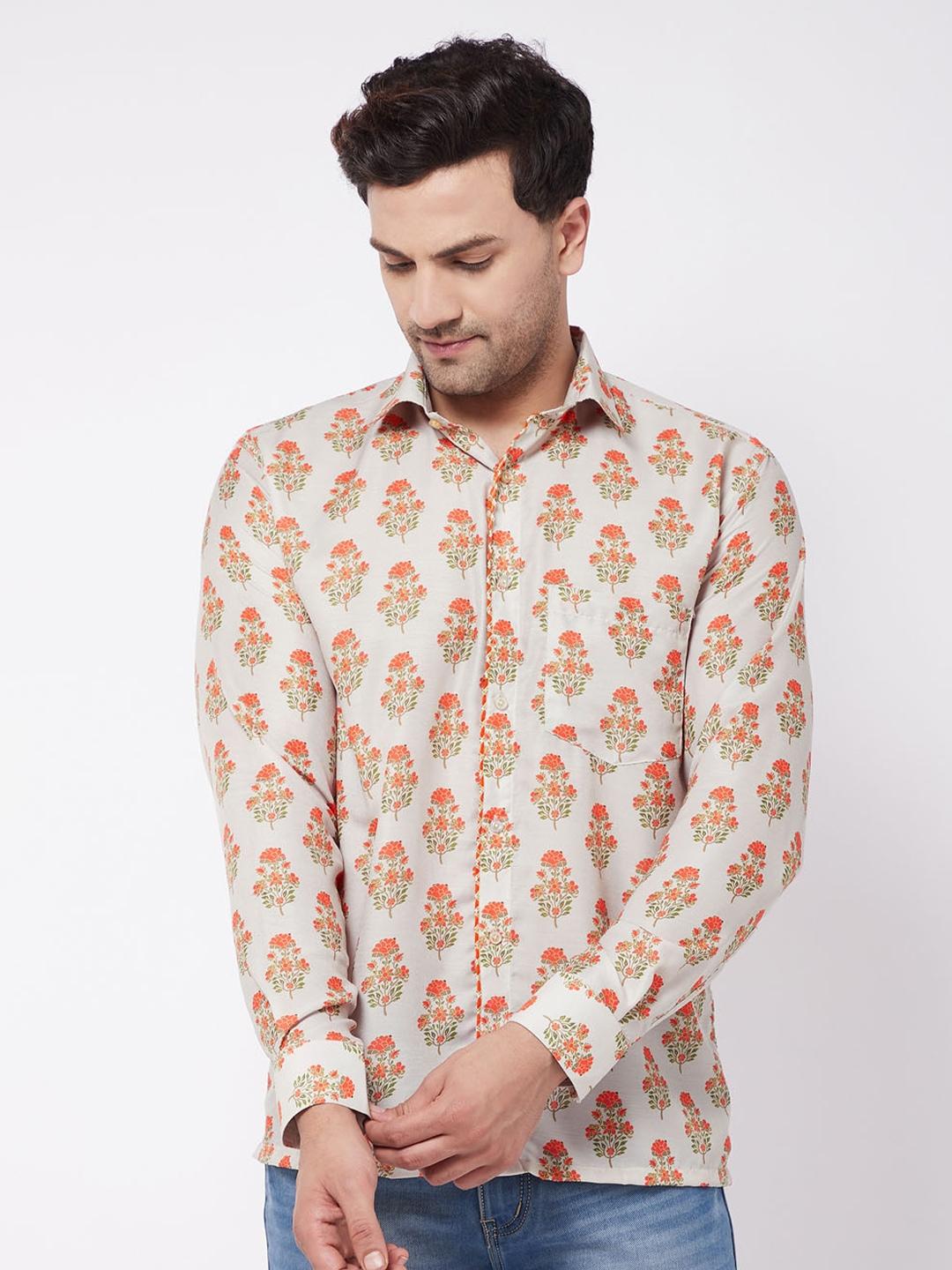 vastramay men beige floral printed casual shirt