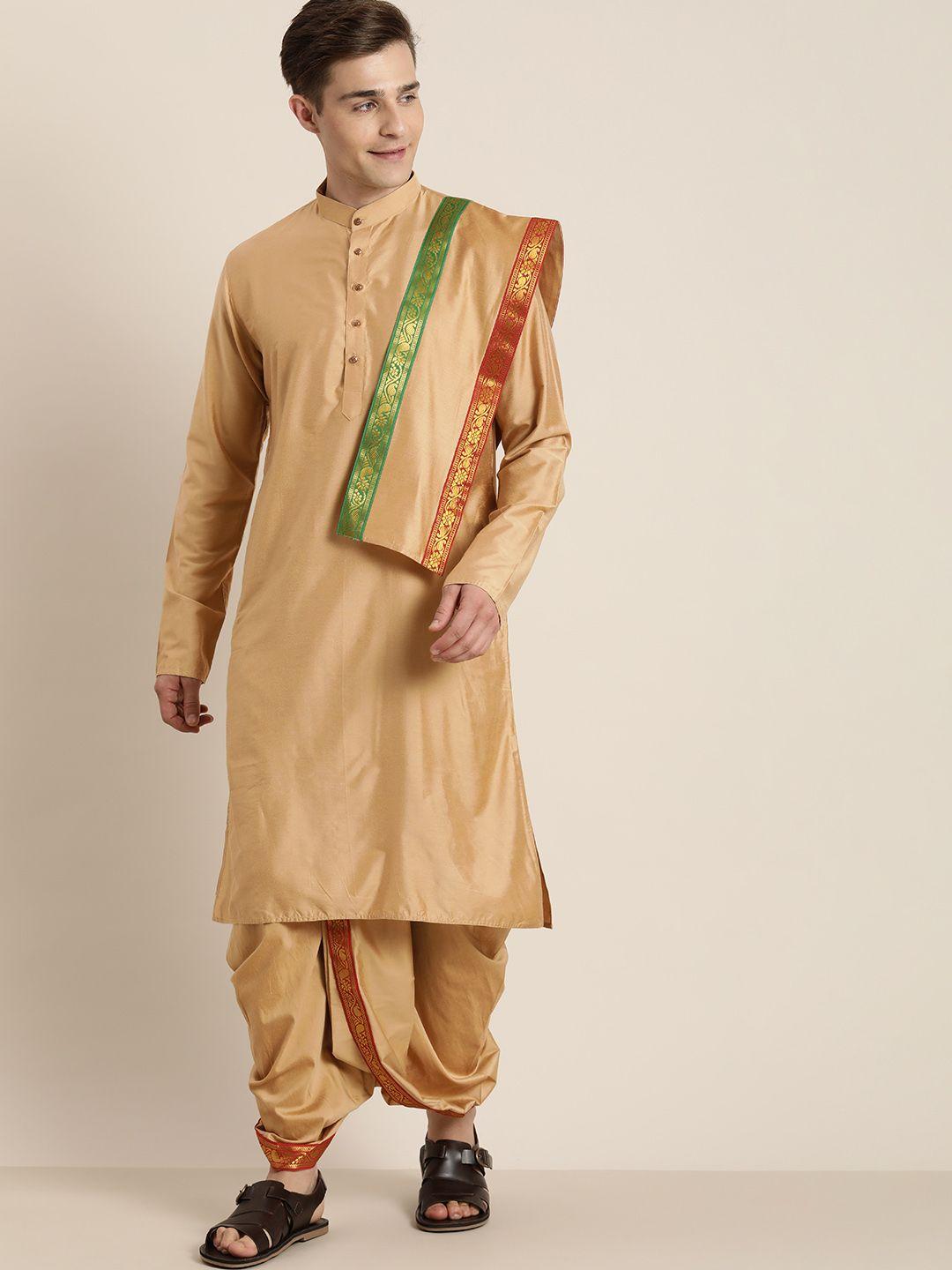 vastramay men beige kurta with dhoti pants & with dupatta